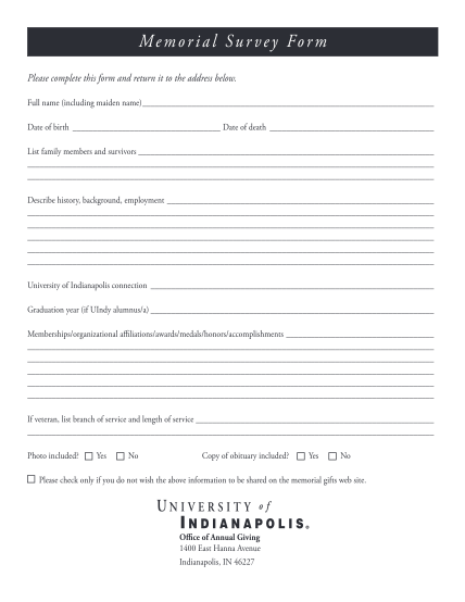17490658-memorial-survey-form-university-of-indianapolis-uindy