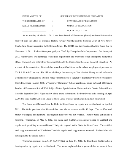 18023129-in-the-matter-of-the-certificates-of-kelly-richter-jobes-new-jersey-department-of-education-state-board-of-examiners-order-of-revocation-docket-no-1112-182-at-its-meeting-of-march-1-2012-the-state-board-of-examiners-board-nj