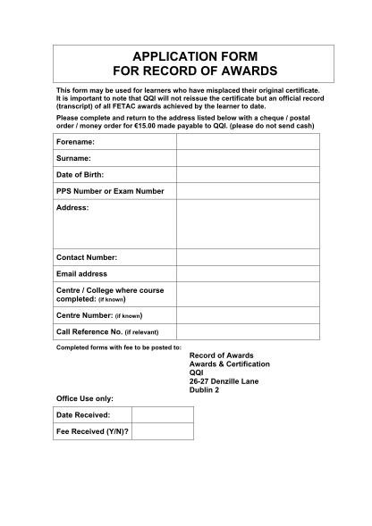 18460058-fillable-reissue-record-of-award-fetac-certificates-form-fetac