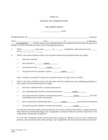 18950635-form-74l-request-for-administration-the-queen-s-bench-centre-in-the-estate-of-deceased