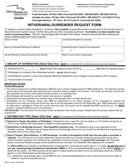 19291401-fillable-great-american-life-insurance-company-surrender-form