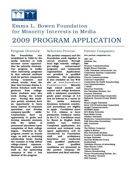 19295449-bowen-foundation-for-minority-interests-in-media-2009-program-application-program-overview-selection-process-partner-companies-the-foundation-was-established-in-1989-by-the-media-industry-to-help-increase-career-opportunities-for-mino