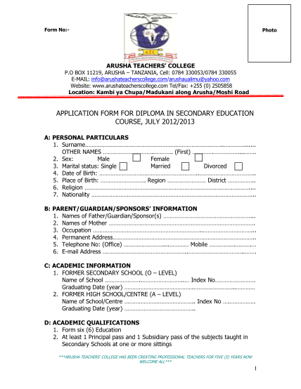 19321564-fillable-arusha-teachers-college-application-form