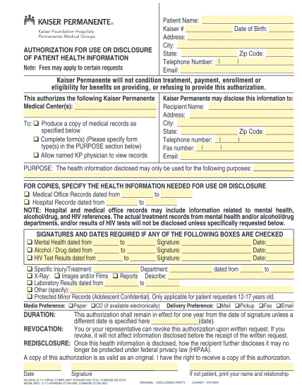 19454029-fillable-kaiser-permanente-authorization-for-use-or-disclosure-of-patient-health-information-permanente