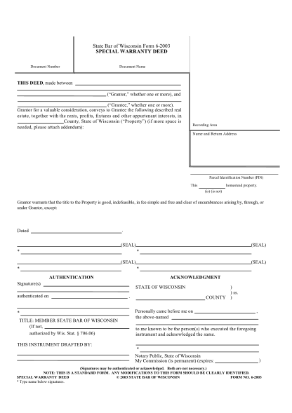 19513212-fillable-state-bar-of-wisconsin-form-special-warranty-deed