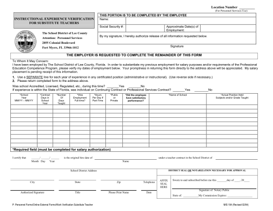19555171-fillable-instructional-experience-verification-the-school-district-of-lee-county-services-form