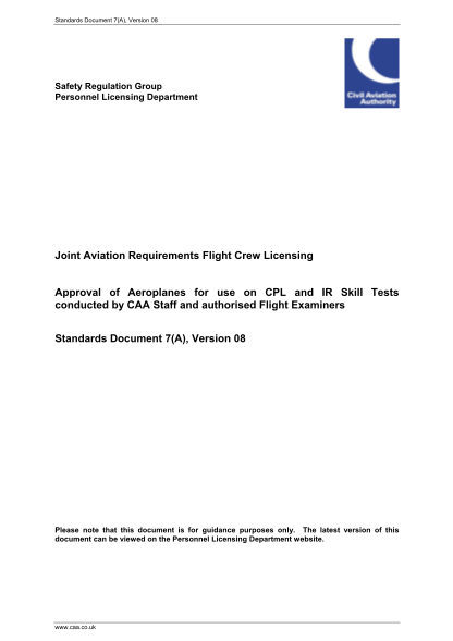 19725357-standards-document-7a-v8-jar-fcl-approval-of-aeroplanes-for-use-on-cpl-and-ir-skill-tests-conducted-by-caa-staff-and-authorised-flight-examiners-caa-co