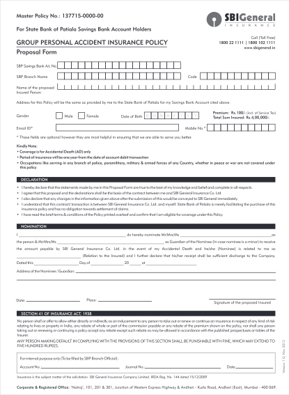 Sbi Group Personal Accident Insurance Policy Proposal Form Pdf