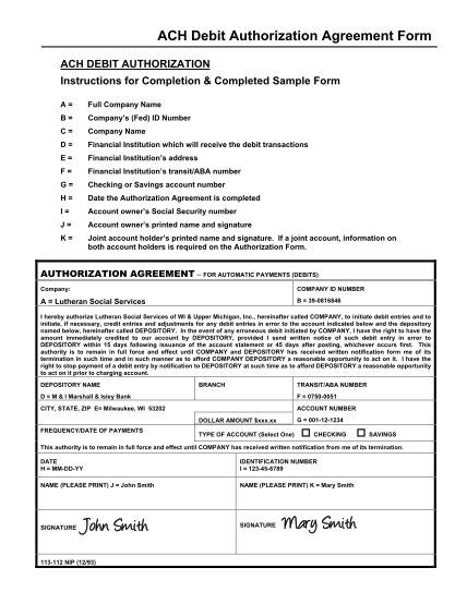 ach debit authorization form template