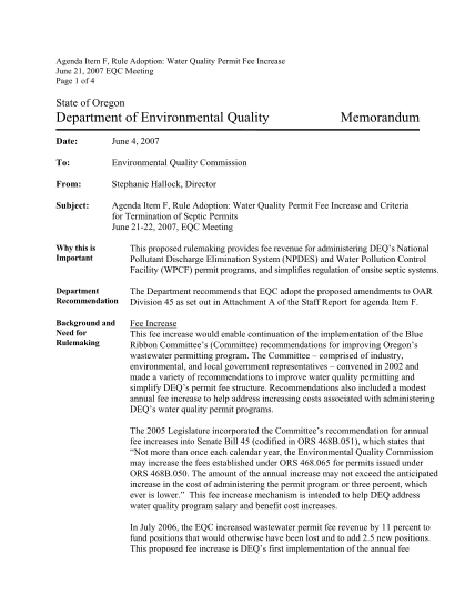 20719225-oregon-eqc-meeting-june-2007-agenda-f-water-quality-permit-fee-increase-and-criteria-for-termination-of-septic-permits-deq-state-or