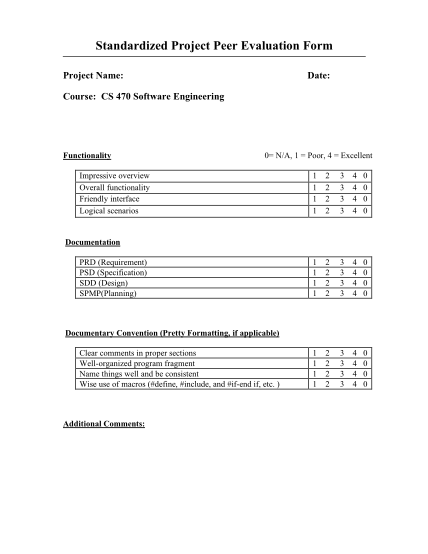 20843195-standardized-project-peer-evaluation-form-project-name-date-course-cs-470-software-engineering-functionality-0-na-1-poor-4-excellent-impressive-overview-overall-functionality-friendly-interface-logical-scenarios-1-1-1-1-2-2-2-2-3-3-3
