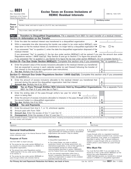 2152906-f8831-form-8831-rev-november-2005-excise-taxes-on-excess-inclusions-of-remic-residual-interests-irs-tax-forms--2007