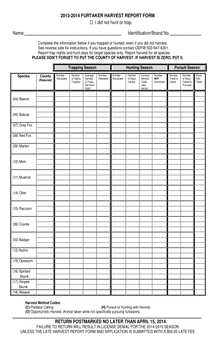 21685800-fillable-oregon-bobcat-harvest-report-form-dfw-state-or