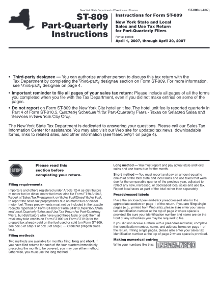 21725302-new-york-state-department-of-taxation-and-finance-st-809-part-quarterly-instructions-st-809-i-407-instructions-for-form-st-809-new-york-state-and-local-sales-and-use-tax-return-for-part-quarterly-filers-for-tax-period-april-1-2007