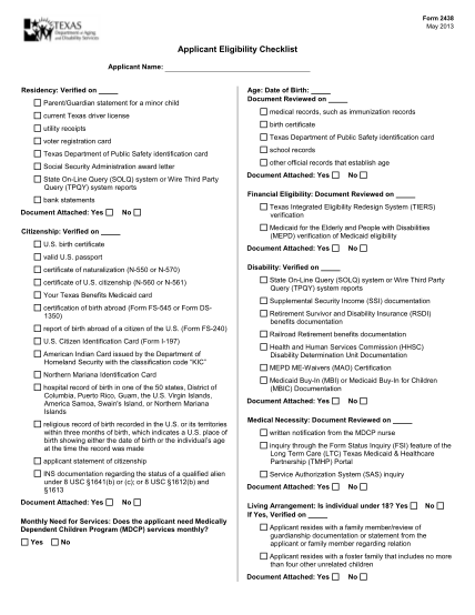21779594-form-2438-may-2013-applicant-eligibility-checklist-applicant-name-residency-verified-on-parentguardian-statement-for-a-minor-child-current-texas-driver-license-medical-records-such-as-immunization-records-birth-certificate-utility