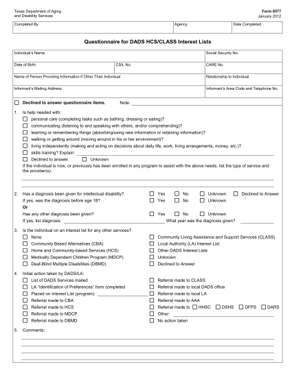 21785333-form-8577-january-2012-texas-department-of-aging-and-disability-services-completed-by-agency-date-completed-questionnaire-for-dads-hcsclass-interest-lists-individual-dads-state-tx