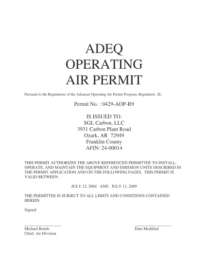 22311047-adeq-operating-air-permit-pursuant-to-the-regulations-of-the-arkansas-operating-air-permit-program-regulation-26-permit-no-adeq-state-ar