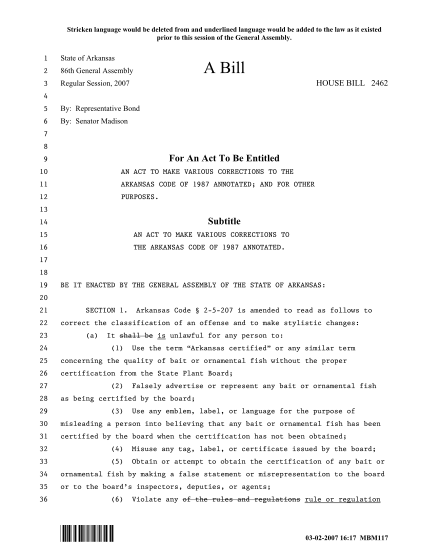 22317117-1-state-of-arkansas-2-86th-general-assembly-3-regular-session-2007-a-bill-house-bill-2462-4-5-by-representative-bond-6-by-senator-madison-7-8-9-for-an-act-to-be-entitled-10-an-act-to-make-various-corrections-to-the-11-arkansas-code-of
