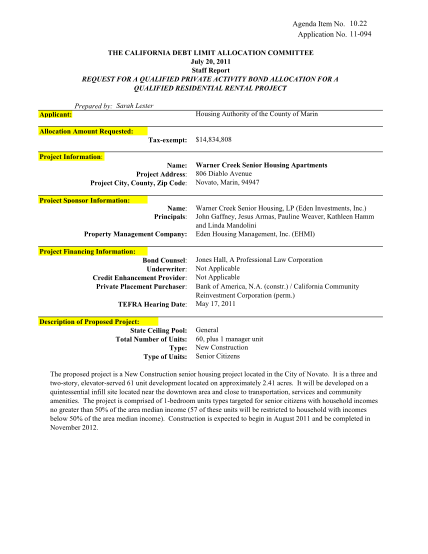 22597633-11-094-the-california-debt-limit-allocation-committee-july-20-2011-staff-report-request-for-a-qualified-private-activity-bond-allocation-for-a-qualified-residential-rental-project-prepared-by-sarah-lester-housing-authority-of-the-coun