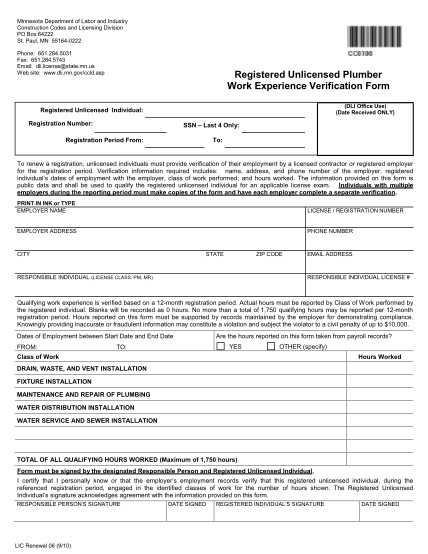 23007926-fillable-mn-dept-of-labor-plumbing-work-experience-forms-dli-mn