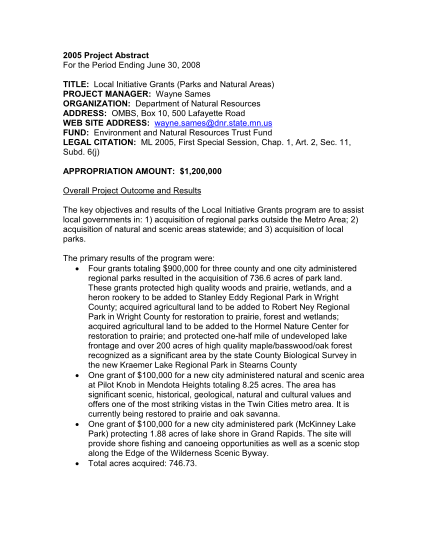 23065742-2005-project-abstract-for-the-period-ending-june-30-2008-title-local-initiative-grants-parks-and-natural-areas-project-manager-wayne-sames-organization-department-of-natural-resources-address-ombs-box-10-500-lafayette-road-web-site