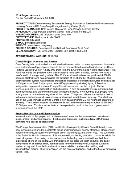 23067548-2010-project-abstract-for-the-period-ending-june-30-2012-project-title-demonstrating-sustainable-energy-practices-at-residential-environmental-learning-centers-relcs-deep-portage-learning-center-7d-3-project-manager-dale-yerger