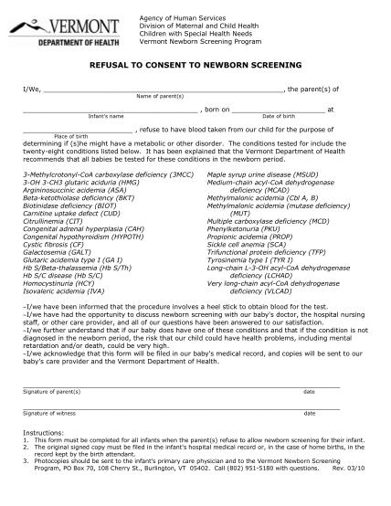 23619957-refusal-to-consent-to-vermont-newborn-screening-form-healthvermont