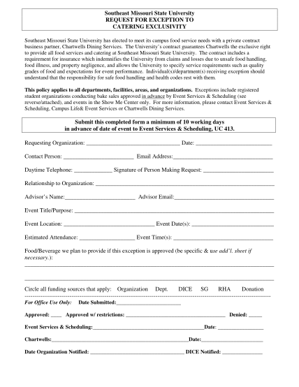 24708484-southeast-missouri-state-university-request-for-exception-to-catering-exclusivity-southeast-missouri-state-university-has-elected-to-meet-its-campus-food-service-needs-with-a-private-contract-business-partner-chartwells-dining-service