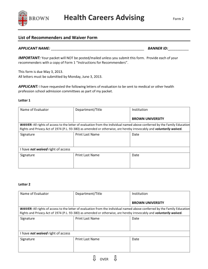 25553753-health-careers-advising-form-2-list-of-recommenders-and-waiver-form-applicant-name-banner-id-important-your-packet-will-not-be-postedmailed-unless-you-submit-this-form-brown