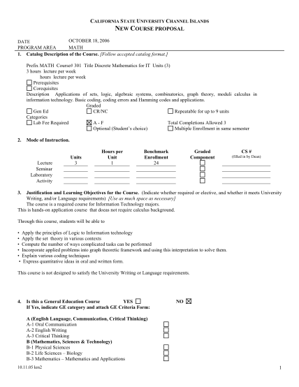 25622266-prefix-math-course-301-title-discrete-mathematics-for-it-units-3-3-hours-lecture-per-week-hours-lecture-per-week-prerequisites-corequisites-description-applications-of-sets-logic-algebraic-systems-combinatorics-graph-theory-moduli