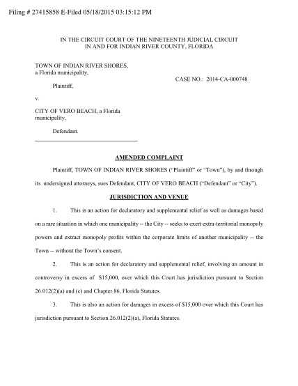 257994194-5-18-15-amended-complaint-filed-vs-covb-town-of-indian-river