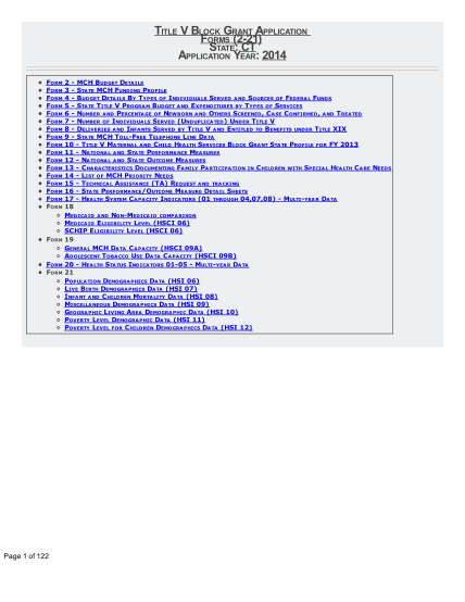 259504800-title-v-block-grant-application-forms-221-state-ct-application-year-2014-form-2-mch-budget-deta-ils-form-3-sta-te-mch-funding-profile-form-4-budget-deta-ils-by-t-ypes-of-individua-ls-served-a-nd-sources-of-federa-l-funds-form-5-sta-te