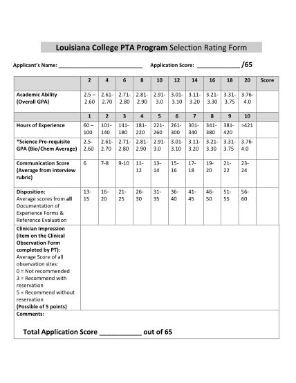 260754300-louisiana-college-pta-program-selection-rating-form