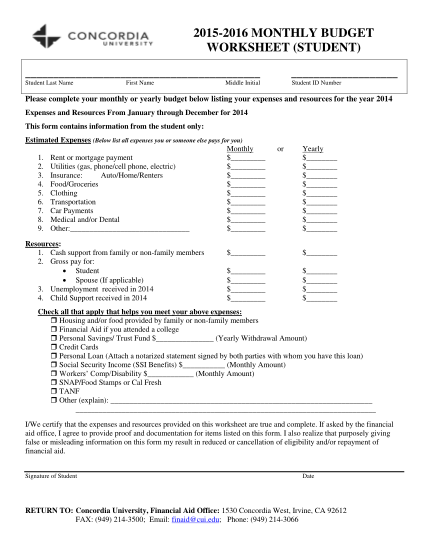 Budgeting Worksheet  Off-Campus Living Resources