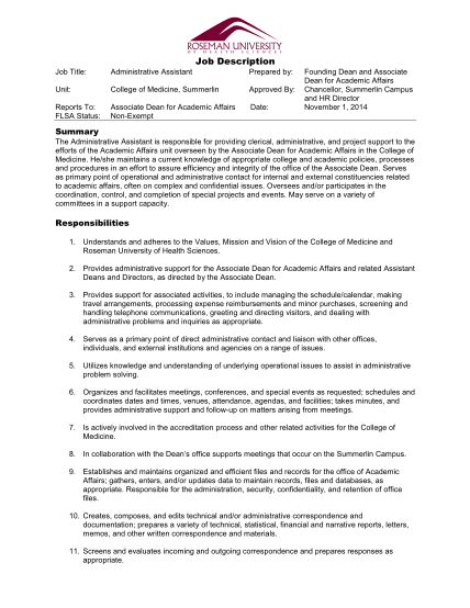 261243393-job-description-job-title-administrative-assistant-prepared-by-unit-college-of-medicine-summerlin-approved-by-reports-to-flsa-status-associate-dean-for-academic-affairs-nonexempt-date-founding-dean-and-associate-dean-for-academic