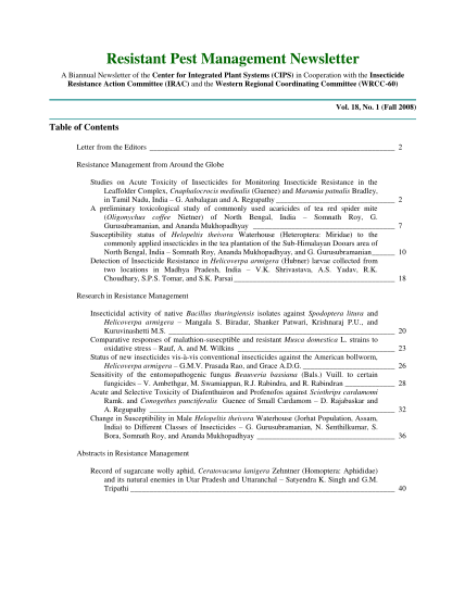 26136199-1-fall-2008-table-of-contents-letter-from-the-editors-2-resistance-management-from-around-the-globe-studies-on-acute-toxicity-of-insecticides-for-monitoring-insecticide-resistance-in-the-leaffolder-complex-cnaphalocrocis-medinalis