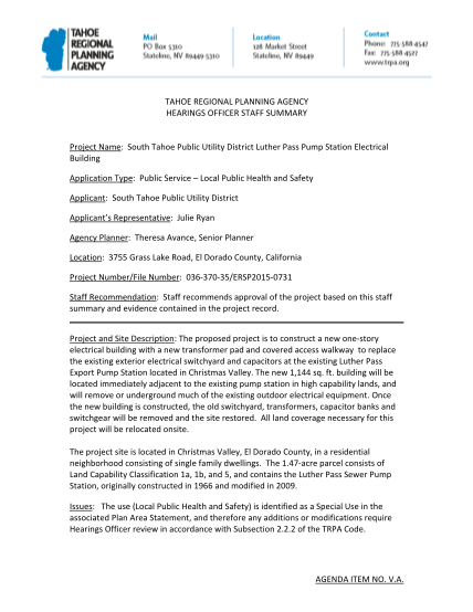 262675434-tahoe-regional-planning-agency-hearings-officer-staff-summary-project-name-south-tahoe-public-utility-district-luther-pass-pump-station-electrical-building-application-type-public-service-local-public-health-and-safety-applicant-south