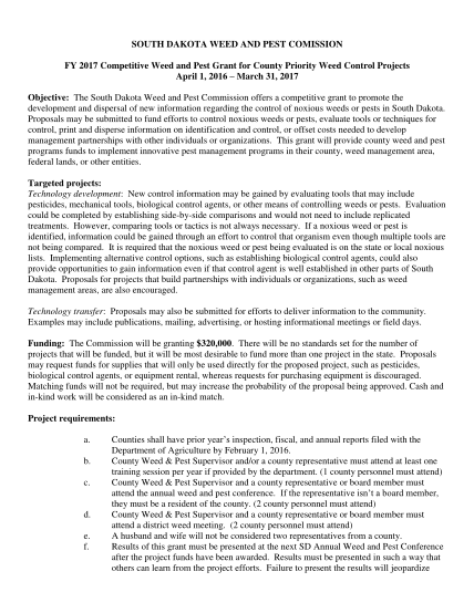 262866160-south-dakota-weed-and-pest-comission-fy-2017-competitive-weed-and-pest-grant-for-county-priority-weed-control-projects-april-1-2016-march-31-2017-objective-the-south-dakota-weed-and-pest-commission-offers-a-competitive-grant-to-promot