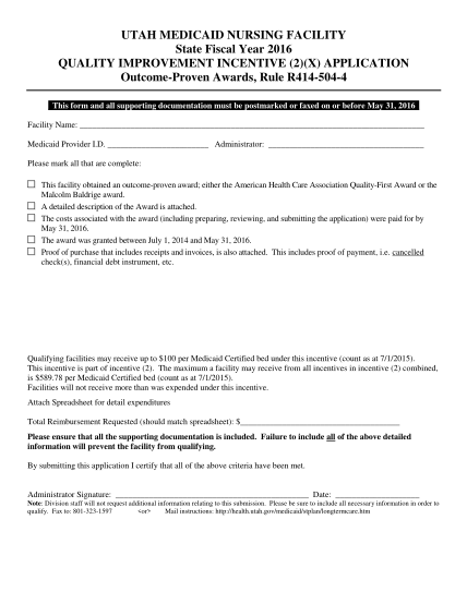 262928259-utah-medicaid-nursing-facility-state-fiscal-year-2016-quality-improvement-incentive-2x-application-outcomeproven-awards-rule-r4145044-this-form-and-all-supporting-documentation-must-be-postmarked-or-faxed-on-or-before-may-31-2016