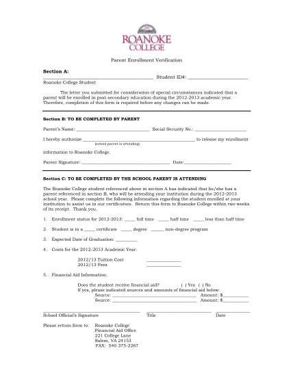 26366617-parent-enrollment-verification-form-20122013-roanoke-college-roanoke