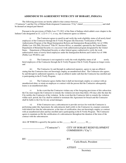 264709011-addendum-to-agreement-with-city-of-hobart-indiana-the-following-provisions-are-hereby-added-to-that-contract-between-contractor-and-the-city-of-hobart-redevelopment-commission-city-dated-and-shall-be-deemed-an-integral-part-thereof