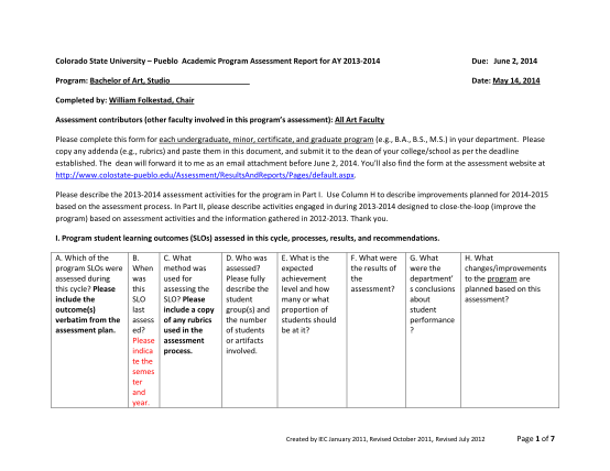 267330617-colorado-state-university-pueblo-academic-program-assessment-report-for-ay-20132014-due-june-2-2014-program-bachelor-of-art-studio-date-may-14-2014-completed-by-william-folkestad-chair-assessment-contributors-other-faculty-involved