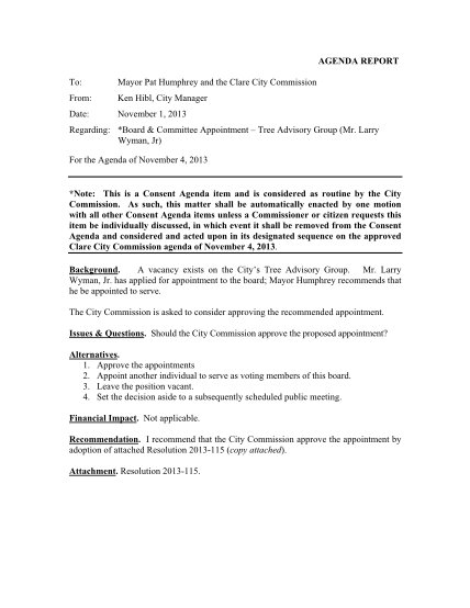 268019123-agenda-report-to-mayor-pat-humphrey-and-the-clare-city-commission-from-ken-hibl-city-manager-date-november-1-2013-regarding-board-ampamp-cityofclare