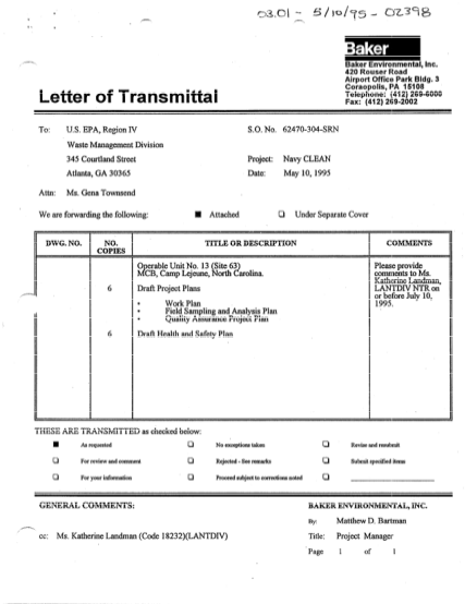 270534482-transmittal-forms-various-for-operable-unit-ou-no-13-site-63-draft-project-plans-work-plan-field-sampling-and-analysis-plan-sap-and-quality-assurance-project-plan-qapp-and-the-draft-health-and-safety-plan-hasp