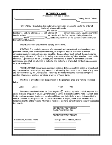 2708541-south-dakota-promissory-note-in-connection-with-sale-of-vehicle-or-automobile