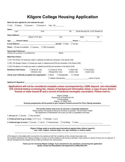 272883073-kilgore-college-housing-application-mark-the-term-applied-for-and-indicate-the-year-fall-spring-summer-i-summer-ii-year-20-name-last-first-mi-social-security-no-kilgore