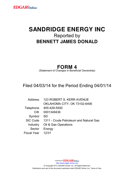 275691405-sandridge-energy-inc-form-4-statement-of-changes-in-beneficial-ownership-filed-040314-for-the-period-ending-040114