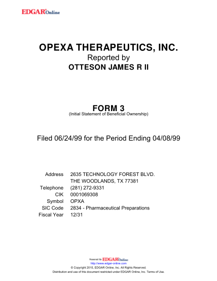 275889633-opexa-therapeutics-inc-form-3-initial-statement-of-beneficial-ownership-filed-062499-for-the-period-ending-040899