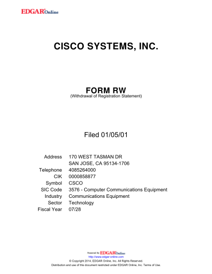 275894897-cisco-systems-inc-form-rw-withdrawal-of-registration-statement-filed-010501