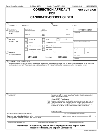 27748729-box-12070-austin-texas-78711-2070-512463-5800-correction-affidavit-for-candidateofficeholder-1-cor-coh-2-00058333-account-3-form-1-800-325-8506-candidate-officeholder-name-1-of-6-page-ms-mrs-mr-first-the-honorable-mi-office